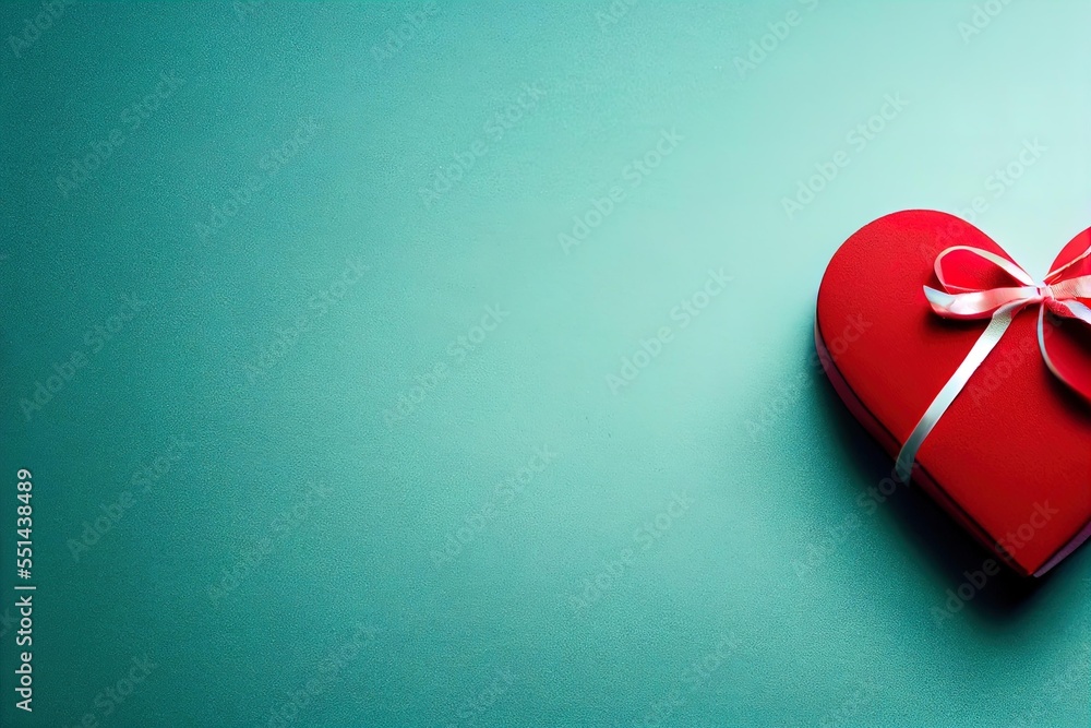 Poster a red heart with a bow on a blue background with a ribbon on it and a bow on the top. generative ai