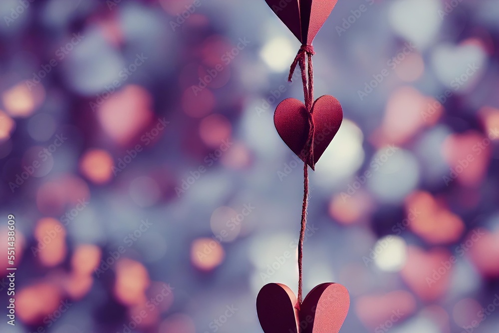 Poster a string of hearts hanging from a string with a blurry background behind it and a string of hearts h