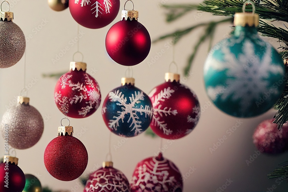 Poster  a bunch of christmas ornaments hanging from a tree branch with snowflakes on them and a pine branch. Generative AI
