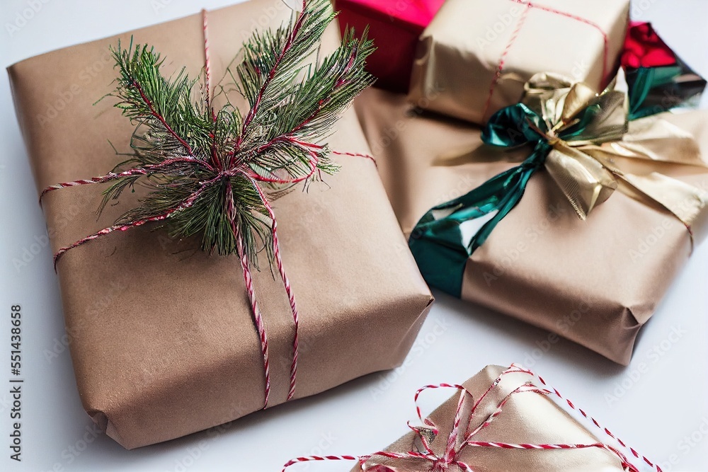 Poster a couple of wrapped presents sitting on top of a table next to each other with ribbons on them and a