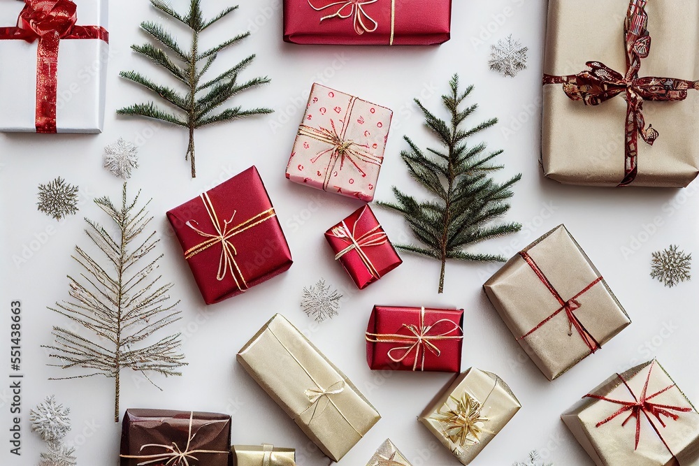 Poster a bunch of wrapped presents sitting next to a christmas tree and a pine tree with a red ribbon on it