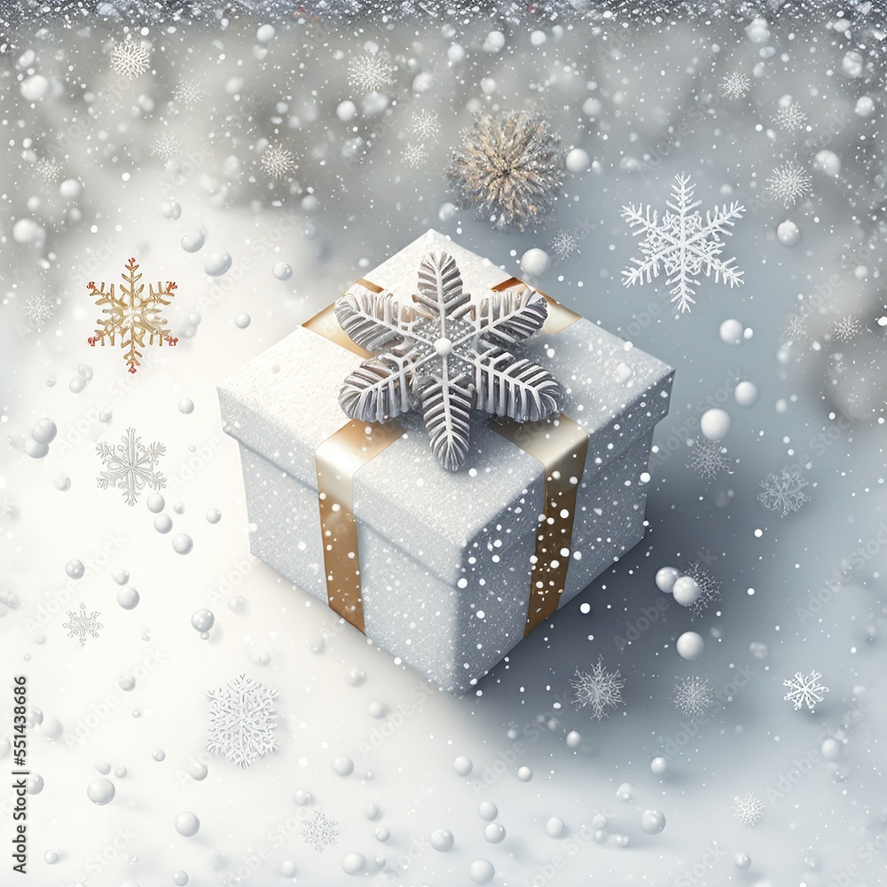 Poster a gift box with a snowflake on it sitting in the snow with snowflakes around it. generative ai