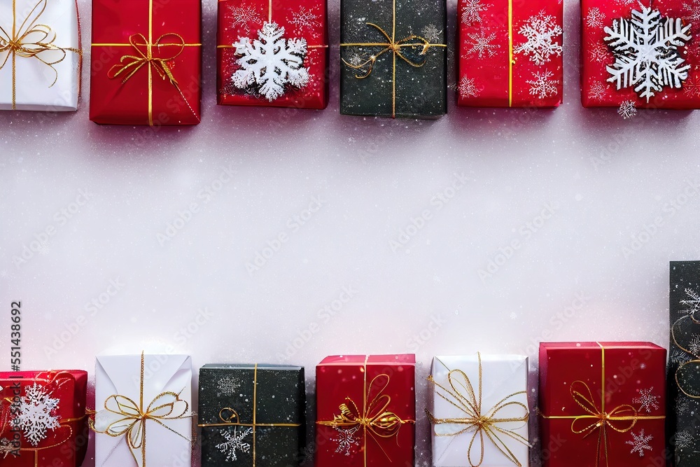 Poster a group of presents wrapped in red and black paper with snowflakes on them and bows on the top. gene