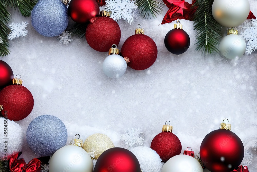 Poster a christmas background with ornaments and snow on the ground and a fir tree branch in the foreground