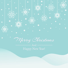 Merry Christmas and Happy New Year Banner. Blue Banner with Hanging Snowflakes and Snow. Vector illustration. Winter holiday banner.