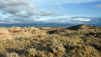 Sunset over badlands landscape, Alberta