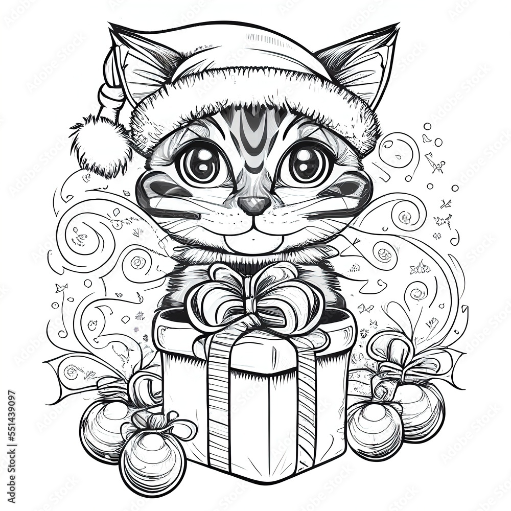 Aufkleber a cat with a christmas hat and presents in a box with a bow and ribbon on it. generative ai