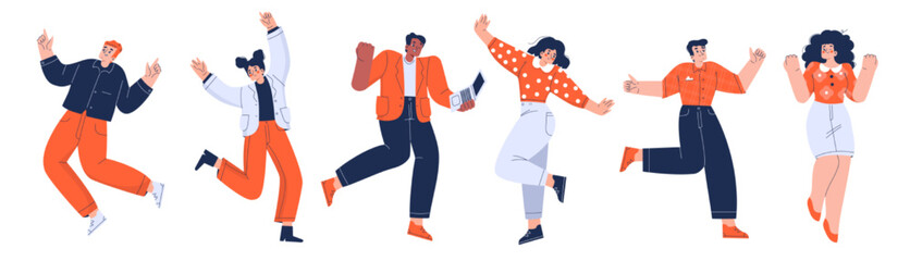 Fototapeta premium Happy young people, workers or students dance and joy. Diverse excited employee have fun, celebrate together, vector flat illustration isolated on white background