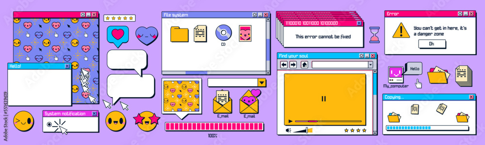 Poster retro computer screen interface with windows, icons, message frames. old desktop pc screen elements,