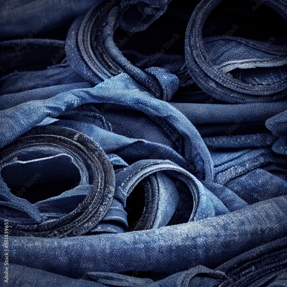 Poster a pile of blue jeans with a rolled up one on top of it and a pile of folded up one on the bottom. ge