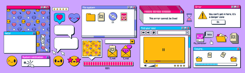 Retro computer screen interface with windows, icons, message frames. Old desktop pc screen elements, retrowave digital style, vector cartoon set isolated on background - obrazy, fototapety, plakaty