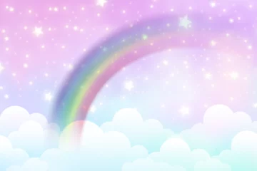 Meubelstickers Fantasy unicorn background with clouds on rainbow sky. Magical landscape, abstract fabulous wallpaper with stars and sparkles. Arched realistic spectrum. Vector. © Chorna_L