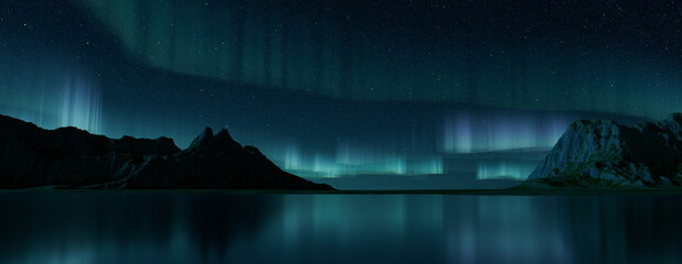 Rocky Mountains with Aurora Borealis. Green Sky Wallpaper with copy-space.
