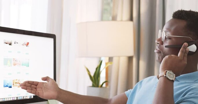 Contact us, remote work or worker networking on a phone call talking or speaking of faq at customer services. Home office, telemarketing or black man in communication at call center computer desk