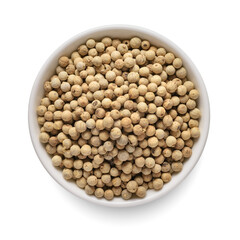White pepper in white bowl isolated on white. Top view.