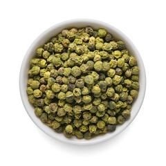 Green pepper in white bowl isolated on white. Top view.