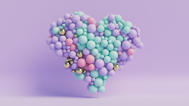 Multicolored Balloon Love Heart. Pink, Violet and Turquoise Balloons arranged in a heart shape. 3D Render. 