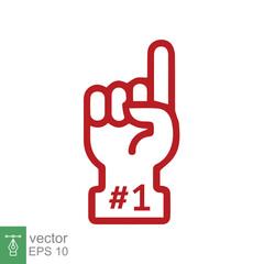 Number 1 foam glove icon. Red number one fan hand glove. Simple flat style. Fan logo hand with finger raised. Vector illustration isolated on white background. EPS 10.
