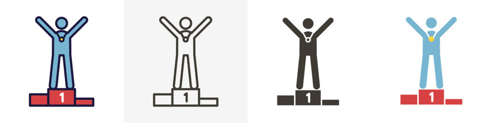 Winner first place standing at the winners podium. Vector thin line icon trendy design in 4 different styles