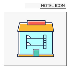  Hostel color icon. Inexpensive, supervised lodging place for young people. Residence hall with bunk beds. Hotel concept. Isolated vector illustration