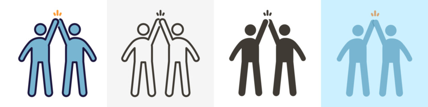 Teamwork success. Partners high fiving eachother after success. Vector icon illustration design in 4 different styles