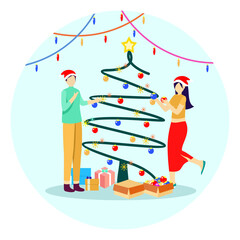Man and woman celebrating Christmas.Vector illustration of people decorating Christmas tree with ball lights. exchanging gifts.flat illustration design