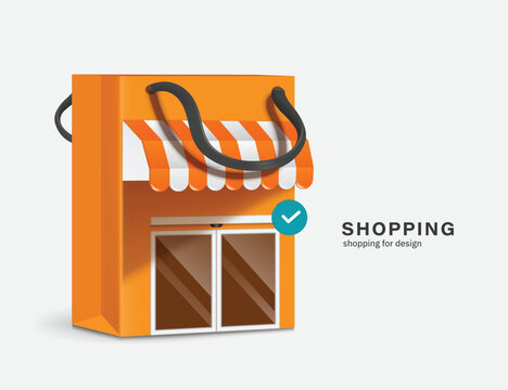 Shop Or Store Shaped With Orange Shopping Bag And There Is An Order Confirm Icon Pop Up Above,