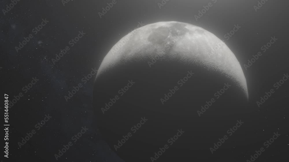Sticker rotating moon shot as camera moves around with stars background - cgi animation 4k