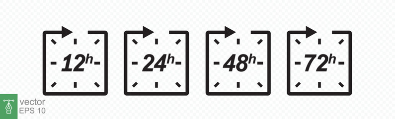 Hour icon set. 12, 24, 48 and 72 hours clock arrow. Fast delivery, timer with circle arrow. Vector work time effect or delivery service time icons. EPS 10.