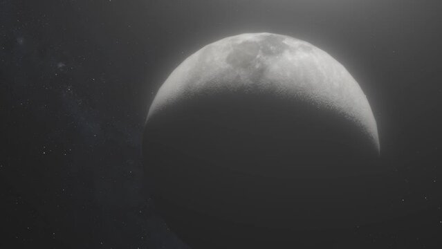 Rotating Moon Shot as Camera Moves Around with Stars Background - CGI Animation 4K