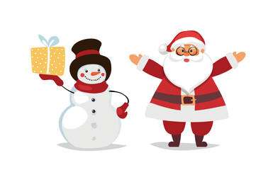 Funny cute Santa Claus and snowman with gift, set of characters for Christmas, vector illustration isolated on a white background.