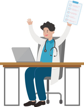 Male doctor medical worker sitting and working with computer with diagnosis book with clip-on, cartoon comic vector character
