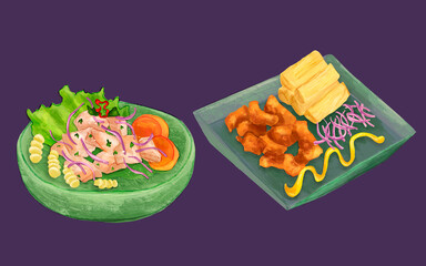 ceviche chicharron de pescado peruvian food illustration