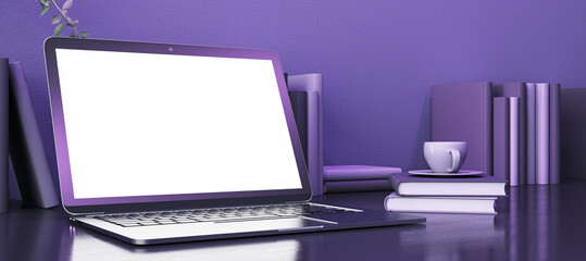 Clean purple designer desktop with empty mock up computer monitor, coffee cup and books. 3D Rendering.