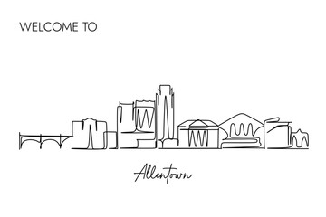 Continuous One line drawing of Allentown city Skyline in The USA. Simple hand drawn sketch design style for tourism and business copyright illustration.