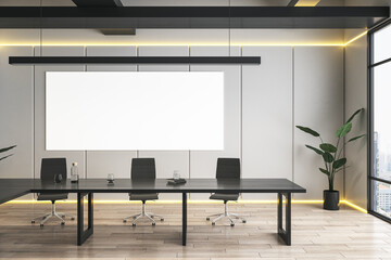 Modern meeting room interior with empty white mock up banner, furniture, wooden flooring and window with city view and daylight. 3D Rendering.
