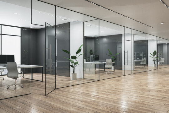 Clean glass office corridor with furniture and wooden flooring. 3D Rendering.