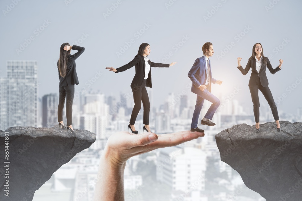 Poster Modern image of team helping each other walk through difficulty on abstract city background with cliff gap. Teamwork, help, success and union concept.