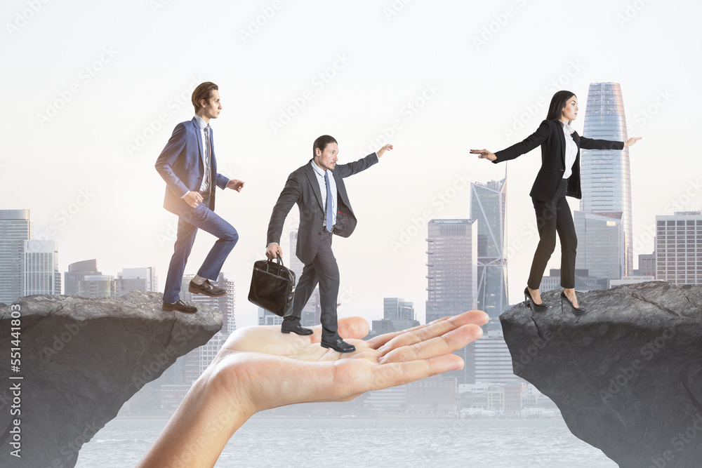 Aufkleber Creative image of team helping each other walk through obstacle on abstract city background with cliff gap. Teamwork, , success and union concept.