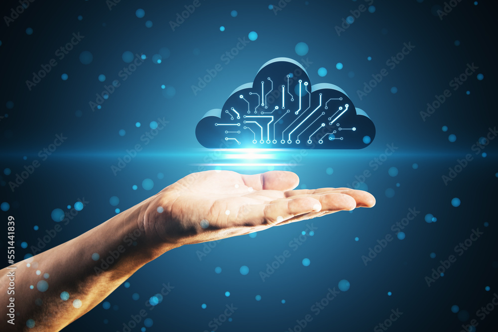 Poster close up of male hand holding abstract digital cloud circuit on blue background. cloud computing, se