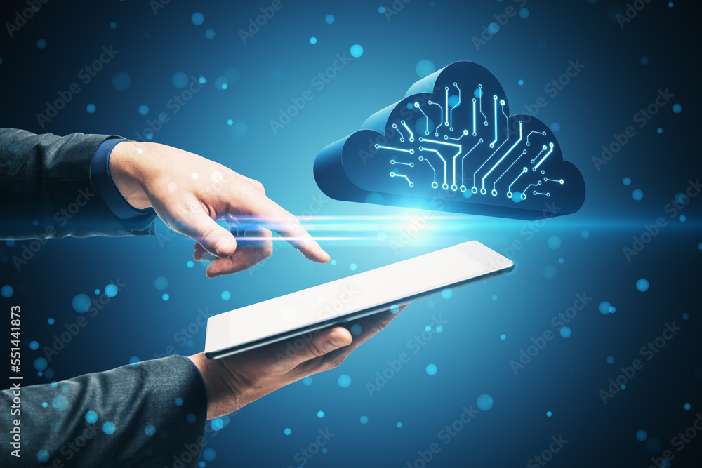 Poster Close up of male hand pointing at cellphone with abstract digital cloud circuit on blue background. Cloud computing, server and integrated digital web concept.