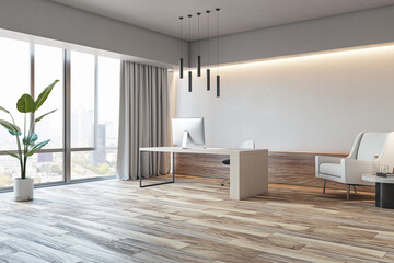 Contemporary concrete office interior with wooden flooring, furniture, equipment and window with city view. 3D Rendering.