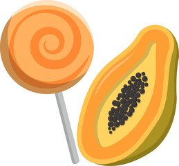 Papaya fruit flavored round lollipop, cartoon comic vector