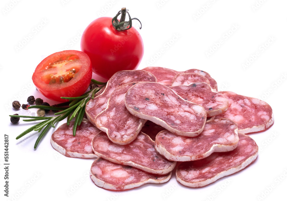 Wall mural Spanish Fuet thin dried salami sausage isolated on a white background