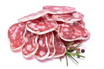slices of Spanish Fuet thin dried salami sausage isolated on a white background