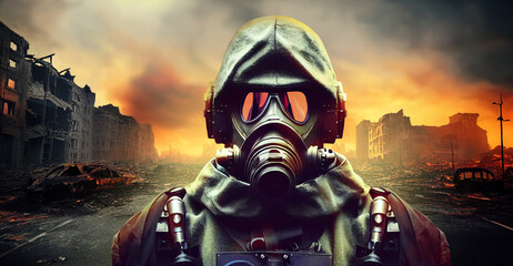 A soldier in a chemical protection suit on the street of a city destroyed by a nuclear strike. Realistic digital illustration. Fantastic Background. Concept Art. CG Artwork.