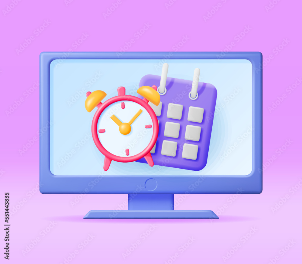 Poster 3d paper spiral calendar and clock on computer screen. render calendar, clock and monitor computer. 