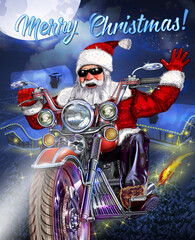 Christmas card with Santa Claus flying above  houses on motorcycle  in the night.Merry Christmas vector illustration.
