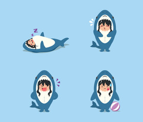 little girl wearing a shark costume character sleeping, slapped, mocking, and bored isolated on a beach background. little girl wearing a shark costume character set emoticon illustration