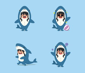 little girl wearing a shark costume character running, puzzled, and happy isolated on a beach background. little girl wearing a shark costume character set emoticon illustration